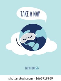 Planet taking a nap on cloud pillow in sleeping mask. Earth hour 60+. Flat vector illustration.