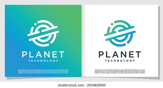 Logotipo de tecnología planetaria con moderno estilo creativo Vector Premium