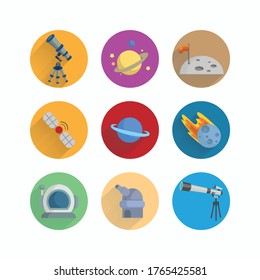 planet, telescope, observatory, shuttle, meteor space flat icon set with long shadow