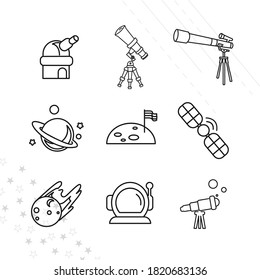 planet, telescope, observatory, shuttle, meteor space line icon set