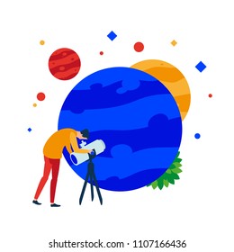 Planet in a telescope. A person looks through a telescope at the planet. Vector illustration. Separate objects. To illustrate articles, reports, blogs, news for posting on websites and print media.
