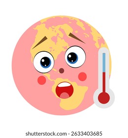 A planet with a thermometer and a face on a white background. Global warming, environmental problems