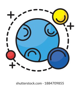 planet with three satellites orbiting around line and fill style icon vector illustration design