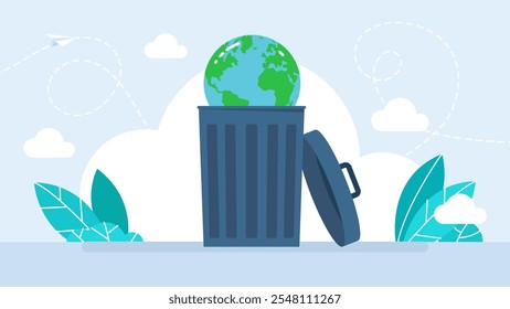 Planeta no lixo. A poluição, lixo, plástico, sacos do planeta. limpeza. Salve o conceito de ecologia do planeta. Proteção ambiental contra a poluição. Salve a Terra. Ilustração vetorial.