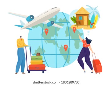 Planet travel at vacation, people journey by plane vector illustration. Flat person tourist character have trip at holiday with luggage. Man woman traveler plan cartoon happy adventure.