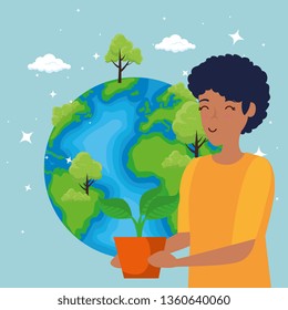 planet with trees and woman with plant conservation - Shutterstock ID 1360640060