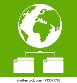 Planet and two folders icon white isolated on green background. Vector illustration