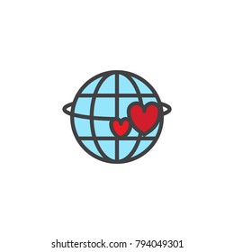 Planet and two red hearts filled outline icon, line vector sign, linear colorful pictogram isolated on white. Valentine's day symbol, logo illustration. Pixel perfect vector graphics