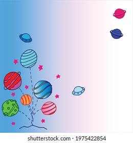 planet and ufo illustration. space background. decorative abstract design. hand drawn vector. fantasy design template. doodle art for kids, wallpaper, greeting, poster, cover, card, backdrop, banner. 