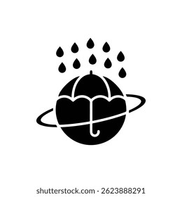 Planet with Umbrella and Raindrops Black Filled Icon - Celestial Weather
