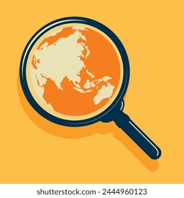 Planet Under Exterior: Ilustración actual con una Pequeña lupa sobre un fondo amarillo brillante. Esta composición inusual combina colores brillantes y una vista inusual de nuestro planeta.