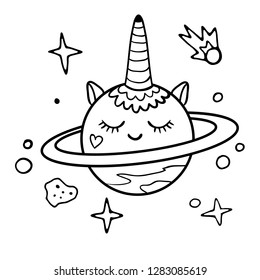 Planet unicorn vector element. Cute doodle drawing.