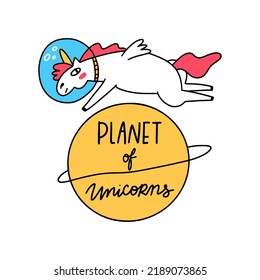 Planet of unicorns cartoon illustration. Vector design.