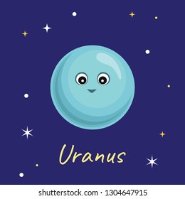 Planet Uranus in the background of space and stars. Cute funny character. Vector illustration of Solar System object in cartoon flat style.