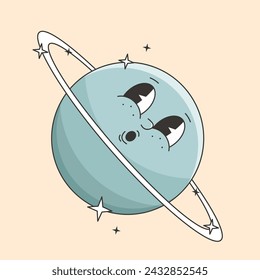 Planet Uranus character in groovy style. Vector illustration