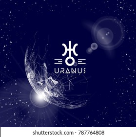 Planet Uranus in Form von polygonalen Netzelementen in Form von Linien und Punkten. Der Planet in der Astrologie ist für moderne Technologien und Innovationen verantwortlich. Vektorgrafik