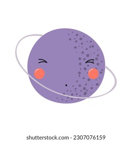 Planet Uranus with kawaii face funny cute cartoon character illustration. Hand drawn Scandinavian style flat design, isolated vector. Kids print element, astronomy, astrology, celestial body, space