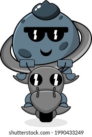planet uranus mascot cartoon character riding a motorcycle