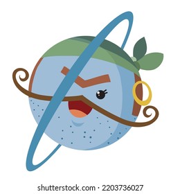 planet uranus as a pirate with one eye bandaged with a mustache and with an earring in his ear, cartoon illustration, isolated object on a white background, vector, eps