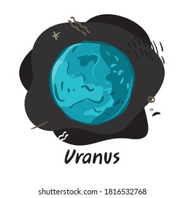 Planet Uranus sketch-style drawing against space background isolated on white. Symbol of the planet of the solar system for nursery, books, astrology. Cartoon vector illustration.