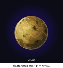 Planet Venus 3D cartoon vector illustration. Spherical planet with gray illuminated surface with craters and relief isolated on dark blue cosmic background