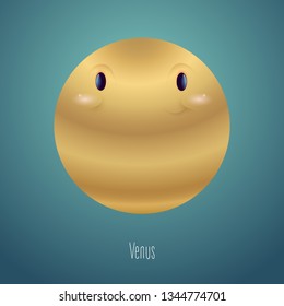 Planet Venus in the background of space. Cute funny character
