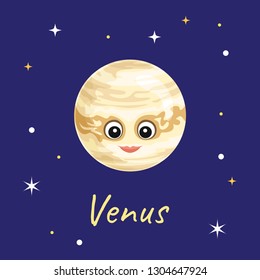 Planet Venus in the background of space and stars. Cute funny character. Vector illustration of Solar System object in cartoon flat style.