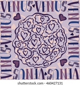 The planet Venus. Colorful seamless pattern with planets and calligraphy name