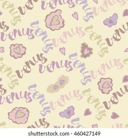 The planet Venus. Colorful seamless pattern with planets and calligraphy name