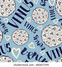 The planet Venus. Colorful seamless pattern with planets and calligraphy name