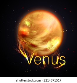 The planet Venus on a dark background with a bright fiery record.