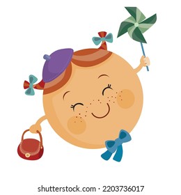 planet venus with pigtails in a cute blue beret with a small brown handbag and a blue bow, idd.stration cartoon, isolated object on a white background, vector, eps