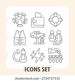 Conjunto de iconos simples de planeta, chaleco, bombilla, incluyendo mundo, red y artículos de laboratorio en estilo de contorno para App de Web e impresión sobre fondo blanco. Gráficos de Vector. Conjunto de nueve iconos de línea delgada