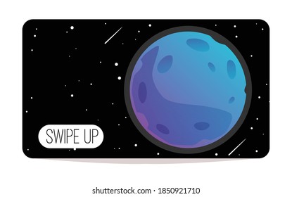 Planet video game running on tablet or mobile phone with swipe up button and blue moon in dark space, flat cartoon vector illustration isolated white background