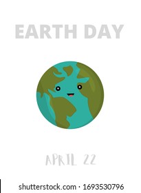 Planet  view of America Africa Europe. Flat color planet Earth. Happy earth day card with cute planet, save earth. 22 april day
