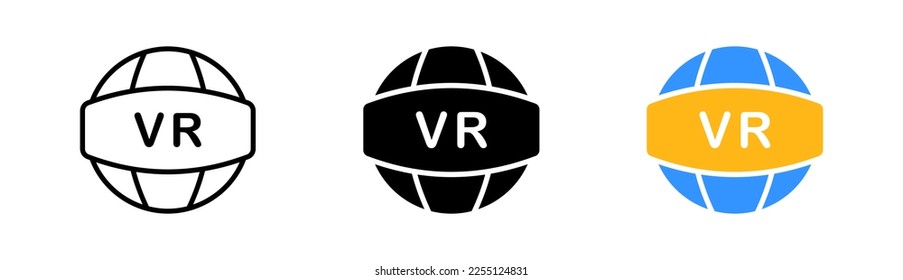 Planet with vr text set icon. Virtual reality. Application Development, 360 degree, arrows, augmented reality. Metaverse concept. Vector icon in line, black and colorful style on white background