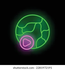 Planet vr tour icon outline vector. 3D reality. Online tourism neon color isolated on black