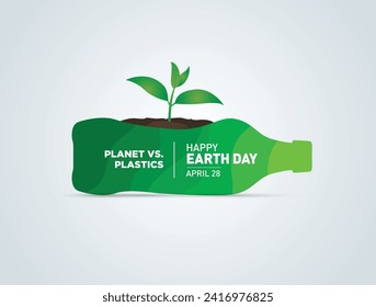 Planeta vs. plásticos , Tierra Día 2024 concepto de fondo de árbol vectorial. Una botella de agua con un bosque verde adentro, la idea es reciclar viejas botellas de plástico, pensar verde.