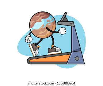 Planet walking on treadmill cartoon. Mascot Character vector.