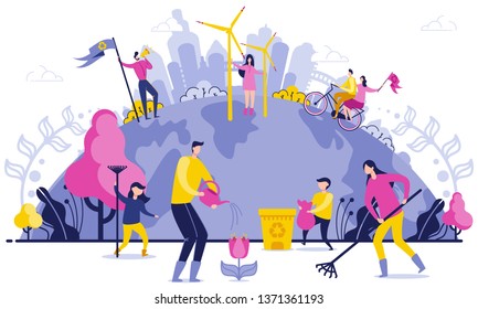 Planet Wide Garbage Disposal Flat Illustration. Arge-scale Cleaning on Planet. People Care about Environment. Use Safe Green Energy. Parents and Children Collect Garbage, Water Flowers.