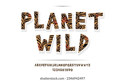 Planet Wild Tiger alphabet, pattern for logo, brand, Typography typeface and number, vector illustration