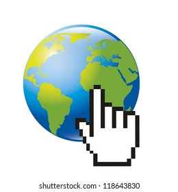 planet y hand cursor over white background. vector illustration