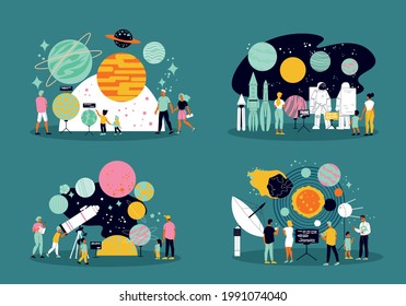 Planetarium 2x2 design concept set of people learning about space and solar system flat vector illustration