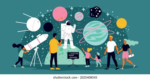 Planetarium abstract horizontal colored illustration with astronaut satellites comets asteroids telescope elements flat vector illustration