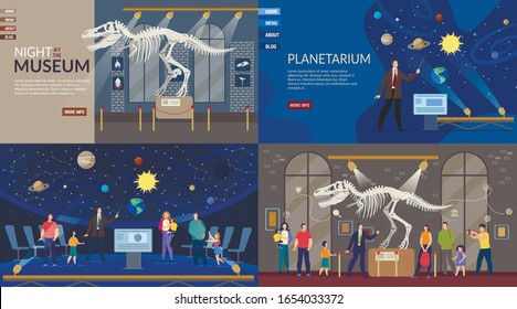 Planetarium and Ancient History Night Museum. Landing Page Responsive Design Set. New Exhibition Opening, Interactive Event, Creative Entertainment. Visitors Enjoy Expo. Vector Illustration