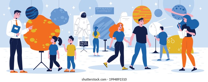 Planetarium astronomical flat illustration with guides conducting excursions for kids and adults vector illustration