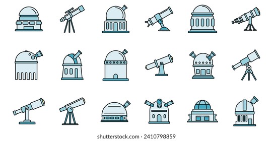 Planetarium astronomy icons set. Outline set of planetarium astronomy vector icons thin line color flat on white