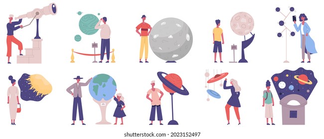 Planetarium, astronomy observatory scientific exhibition visitors characters. Astronomy solar system exhibition vector illustration set. Observatory excursion visitors looking at planet, moon models