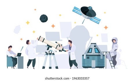 Planetarium characters. Scientific space research exploring universe planets in telescope garish vector flat concept background