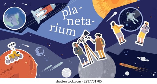 Planetarium composition with collage of flat icons with planets rockets stars and human characters with text vector illustration